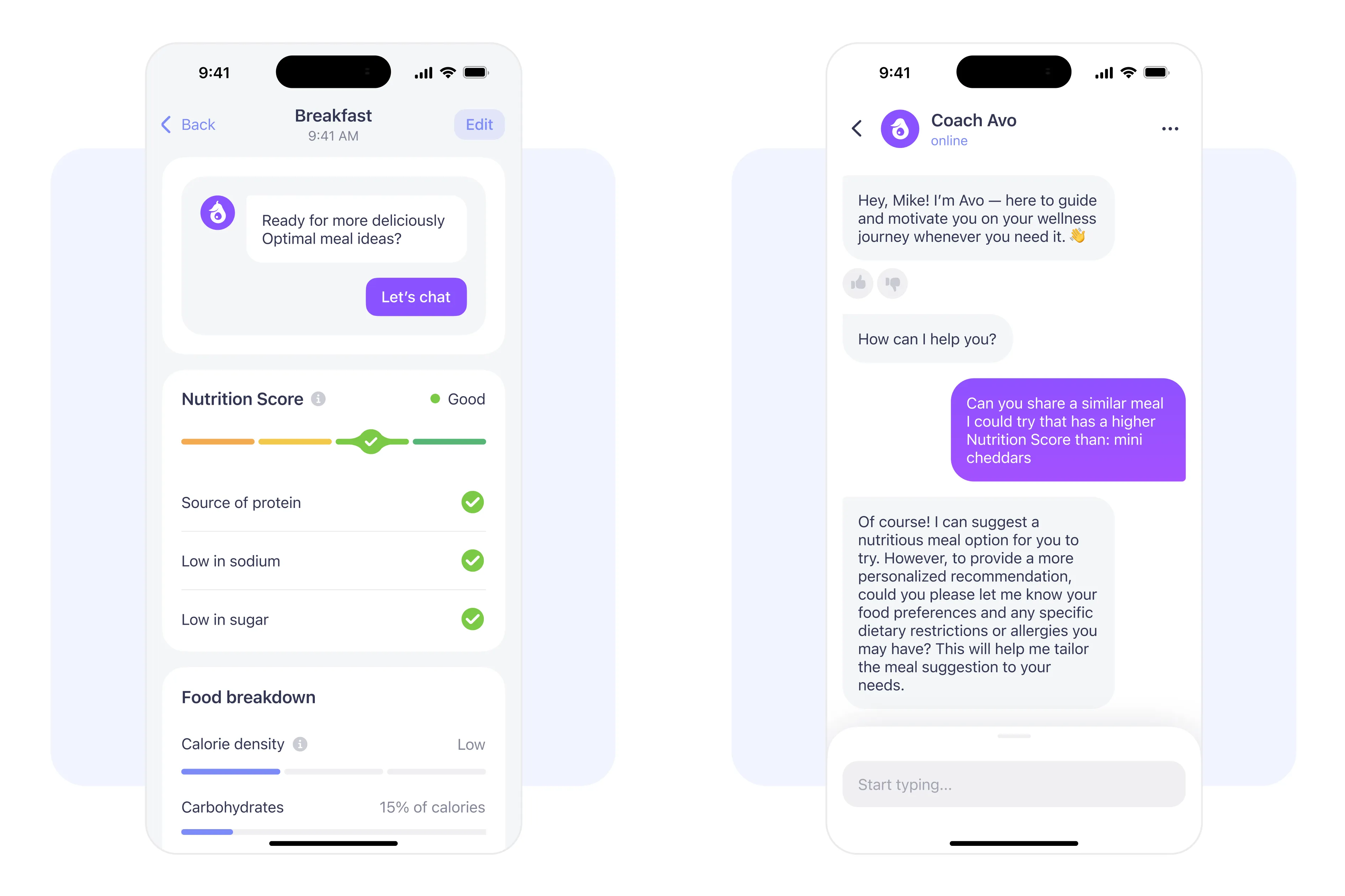 Simple app food feedback feature with AI coach Avo providing personalized nutrition recommendations