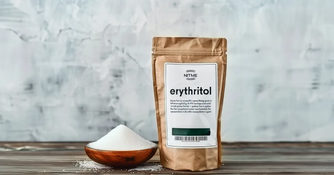 Erythritol sugar substitute crystals in a spoon for low-calorie sweetening during intermittent fasting