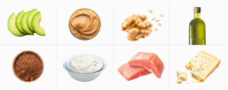 Eight healthy fat sources including avocado nuts and olive oil for keto intermittent fasting meal plan