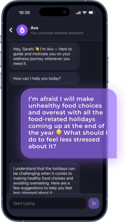 Simple app mobile interface showing holiday food tracking and stress-free eating guidance for healthy celebrations