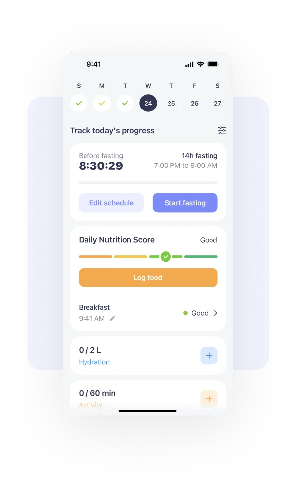 Simple app home screen showing fasting timer meal tracking and weekly nutrition score progress overview