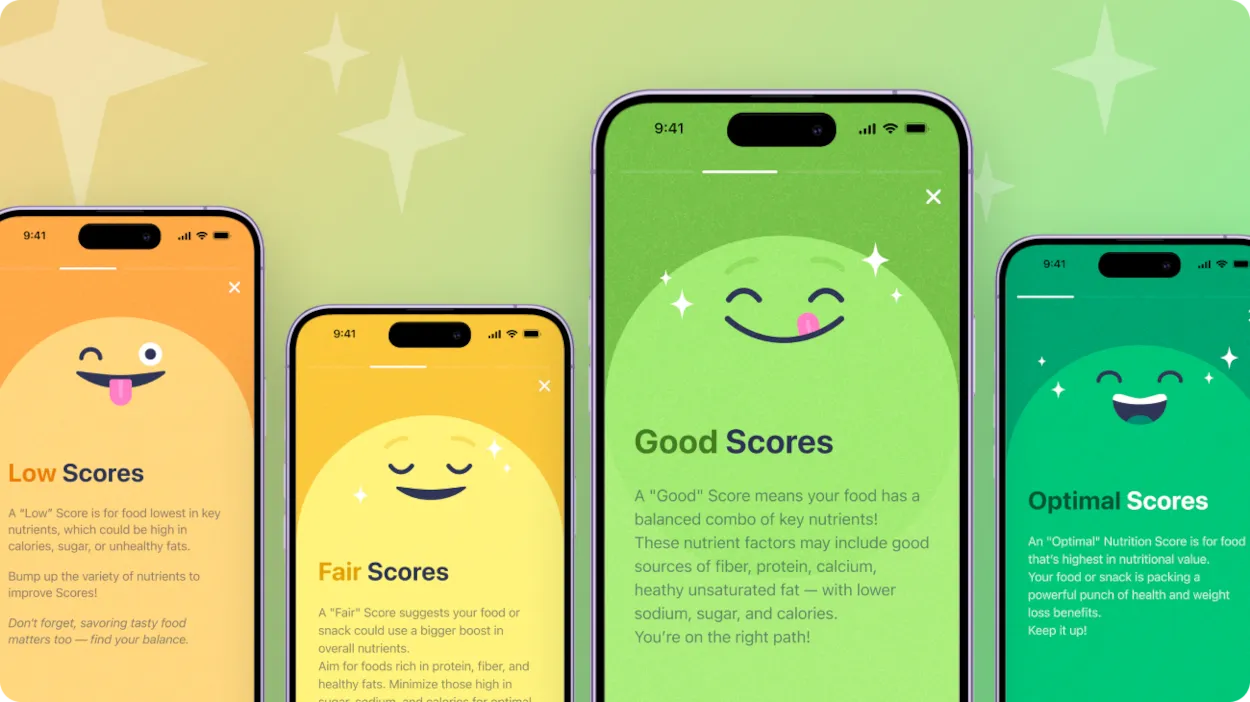 Simple app nutrition scores showing meal quality ratings and balanced eating guidance for optimal health