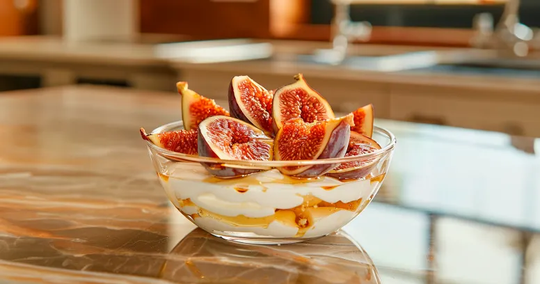 Greek yogurt parfait with sliced dried figs and honey drizzled on top