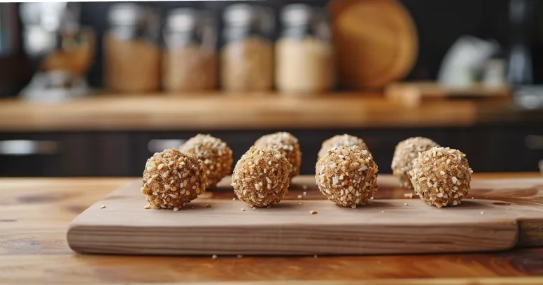Chocolate cashew energy bites covered with crushed cashews