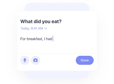 Simple food tracker interface allowing users to log meals with text voice or photo for nutrition tracking